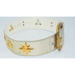 34Vintage Escada Champagne Metallic Gold Star Charm Leather Waist Belt 34